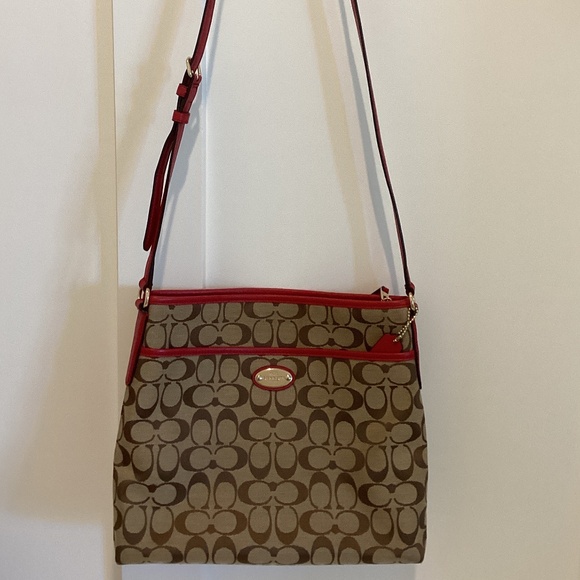 Coach signature Canvas File Crossbody Bag Khaki-Brown/Cardina Red Size: 12Lx10”H - Picture 1 of 16